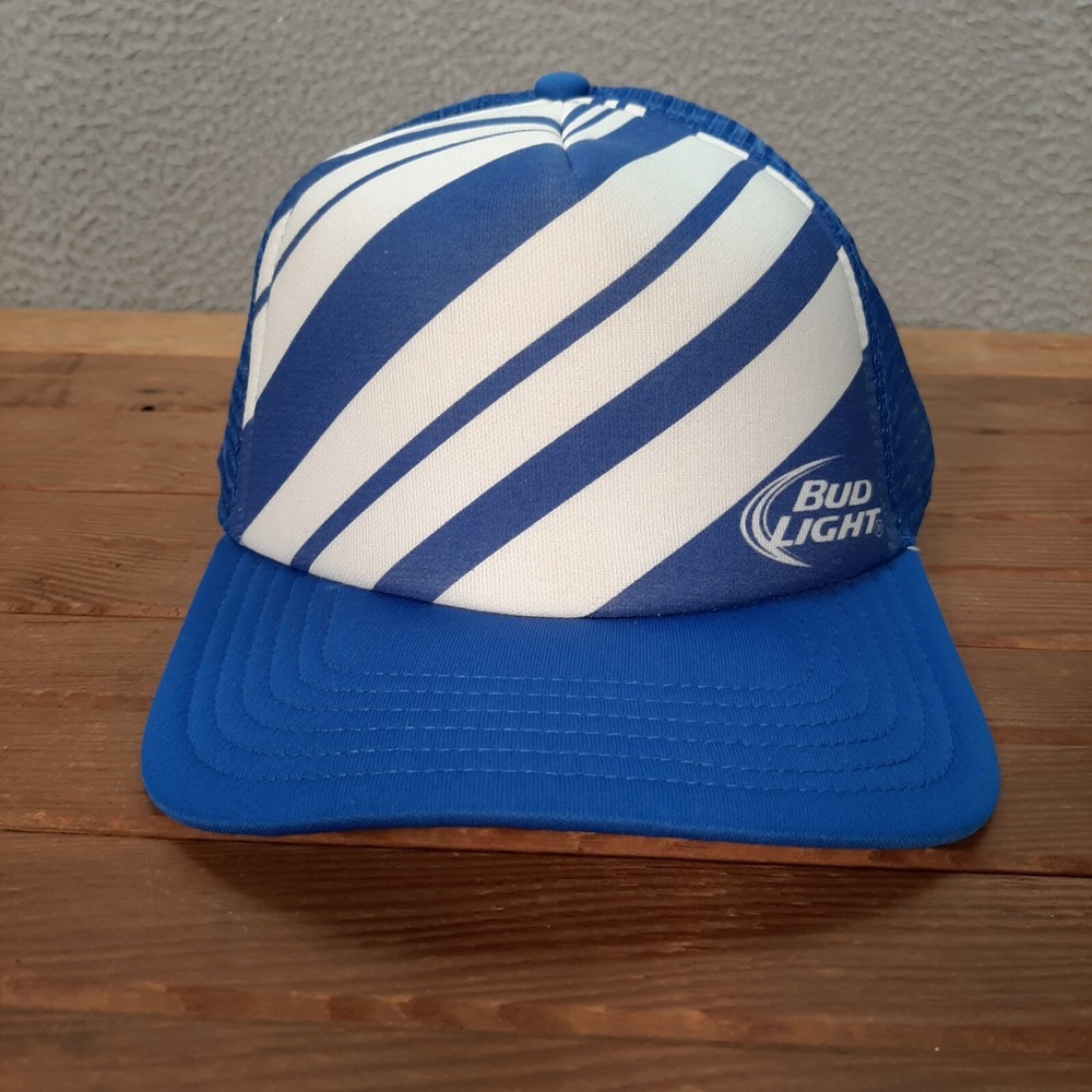 Bud Light Beer Hat Adult Blue White Striped Snapback Cap Mesh Back Trucker
